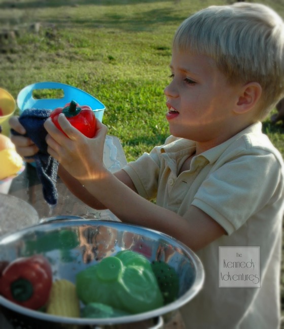 preschool sensory play with fruits and vegetables