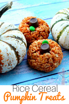 Pumpkin treats made from rice cereal -- super simple and perfect for fall get togethers