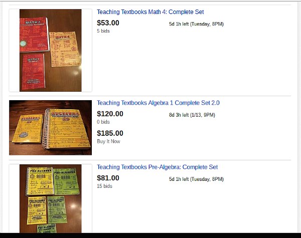 Looking to save money on teaching textbooks homeschool math curriculum? Check Ebay. 